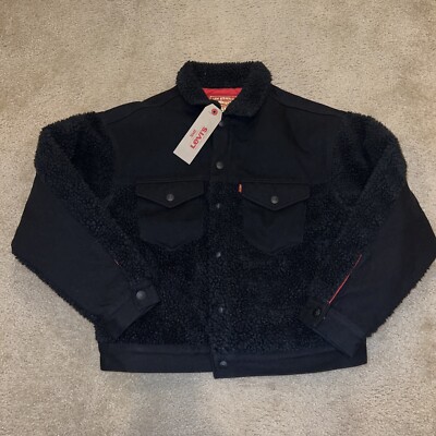 LEVI S REVERSIBLE SHERPA QUILTED TRUCKER DENIM JACKET RED TAB GOLD BIG E SZ M