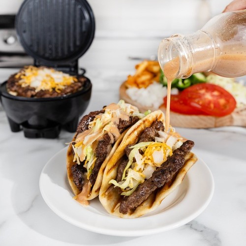 Plancha para hamburguesas Smash con calentador de bollos 750 W bandeja de goteo antiadherente cocina compacta nueva - Imagen 4 de 10