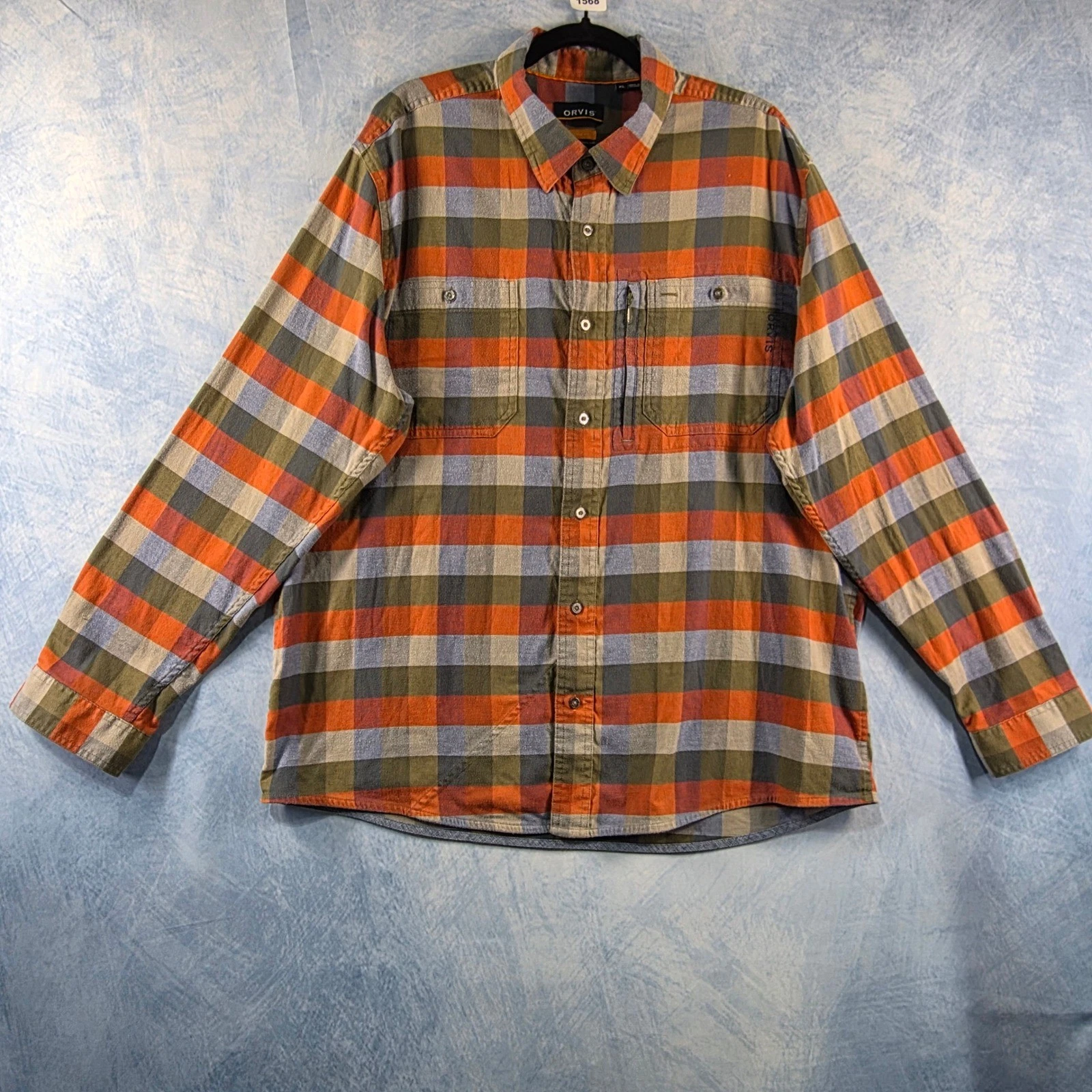 Orvis Mens XL Active Fit Plaid Flannel Button Down Shirt Orange Green Stretch
