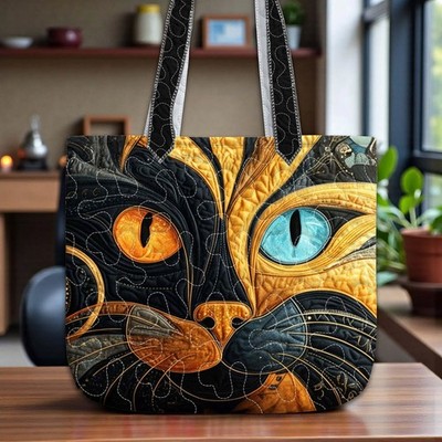 Cat Lover Quilted Tote Bag Vibrant Artistic Cat Face Gift for Cat Moms Quilt Cat