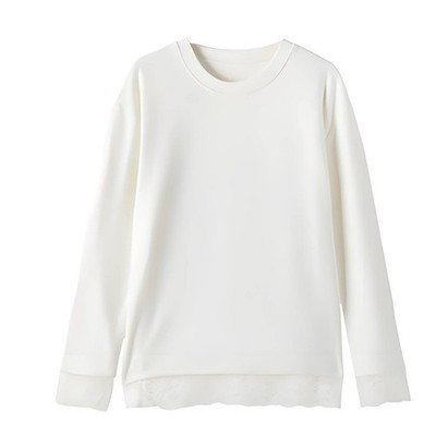 Langarmshirt mit Spitzenpatch, creme, Fleece gefüttert, koreanisch legerer Stil