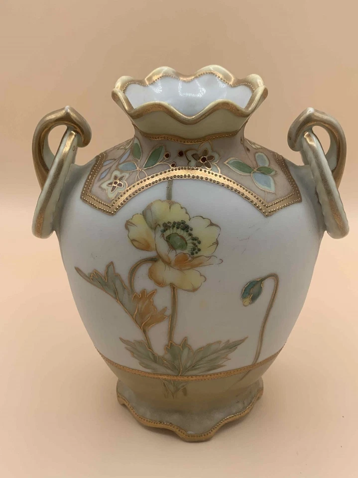 Antique Nippon Floral Vase with Gold Gilded Scalloped Rim “Pretzel Ring” Handles - Image 3 of 4