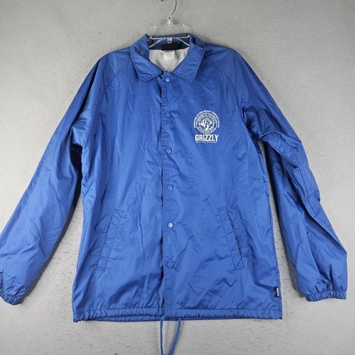 Grizzly Griptape Jacket Mens Large Blue Snap Windbreaker Coach Outdoor Logo