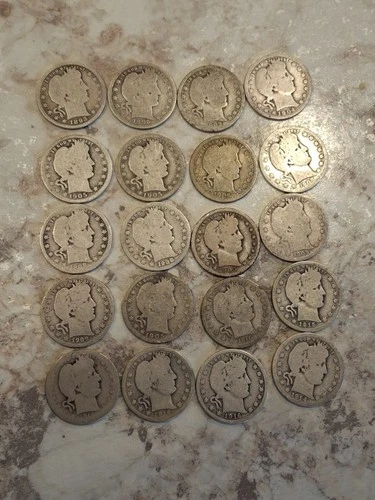 Lot of 20 Barber Silver Quarters. Mixed Years 1893-1916. Circulated.
