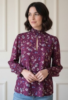 Socialite Top Floral Blouse Burgundy Long Sleeve High Neck Shirt XS/S - SMALL