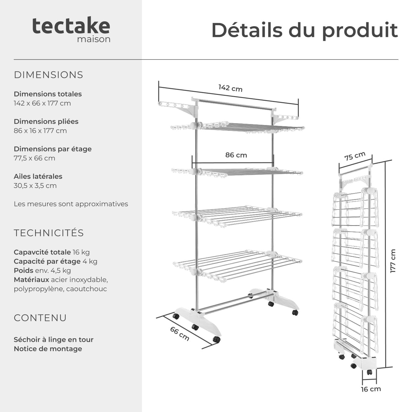 Séchoir à linge tour vertical grand format avec barres modulables - 3