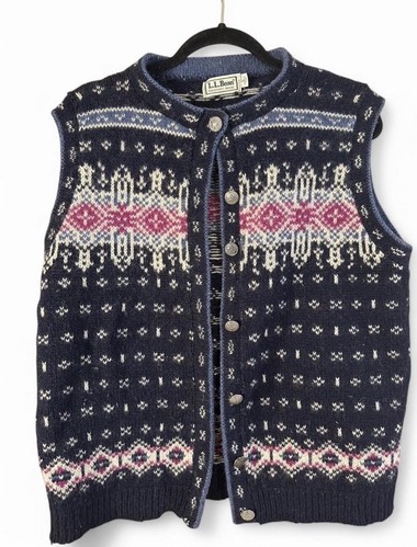 Vintage L.L. Bean USA Wool Sweater Vest Womens Fair Isle Button L Nordic Camp - Picture 1 of 5