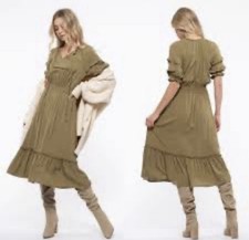 New Blu Peeper Olive Swiss Dot Midi Dress Tiered Ruffled Boho Cottagecore Sz L