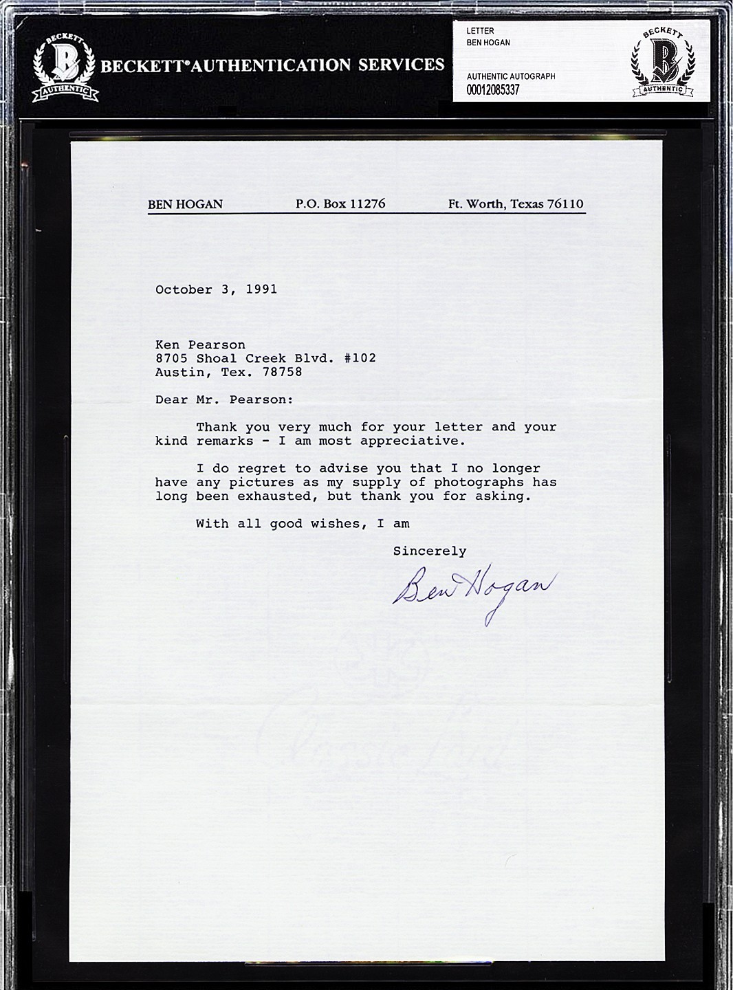 Ben Hogan Autographed Signed Letter TLS Personal Letterhead Encapsulated Beckett 