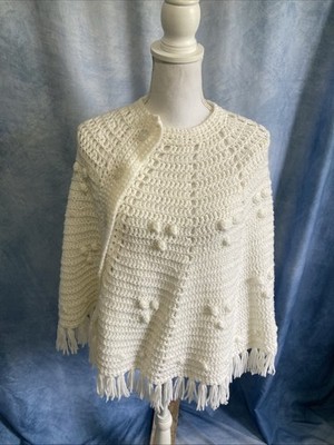 Vtg 70s Hand Crocheted Poncho Cape Ivory Cream Bobble Stitch Fringe Button Boho