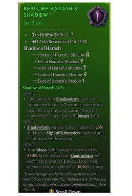 Diablo 4 S13 Beru Of Harash's Shadow Set Charm Hellfire Equipment Talisman Gear