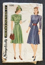 Simplicity 3390 Tailored Dress Sewing Pattern 1930s 1940s sz 16 Vintage