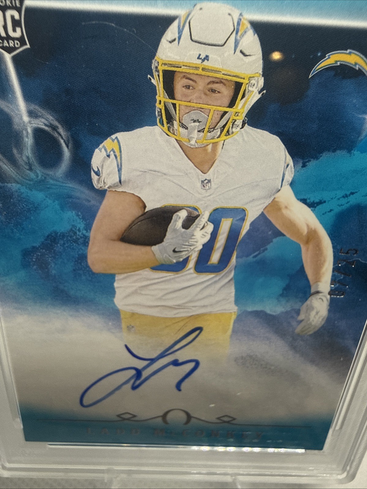 2024 Origins Ladd McConkey Rookie Auto Turquoise /25 PSA 9 Chargers On-Card view 2