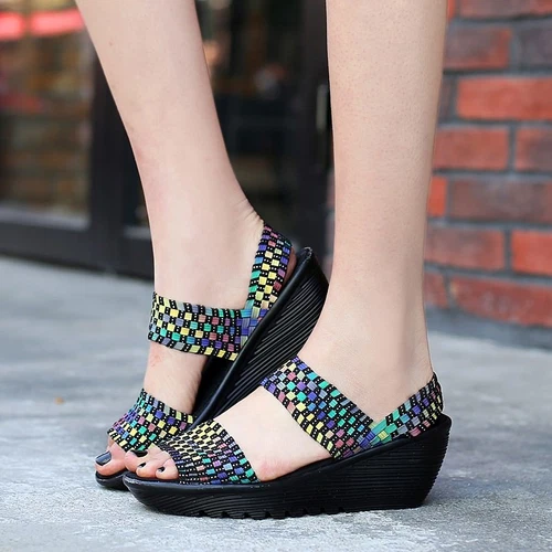 Damen-Sandale Sommer offene Peep Toe gewebt Ruhm Keilabsatz Komfort Mary Jane Schuhe - Bild 8 von 35