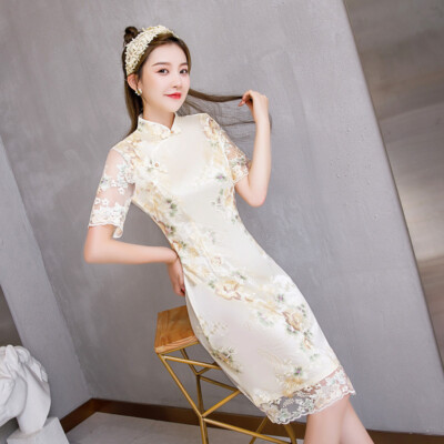 chinese dress knee length Spring National Cheongsam Lady Fashion A-Line Sweet Dress long linen slip