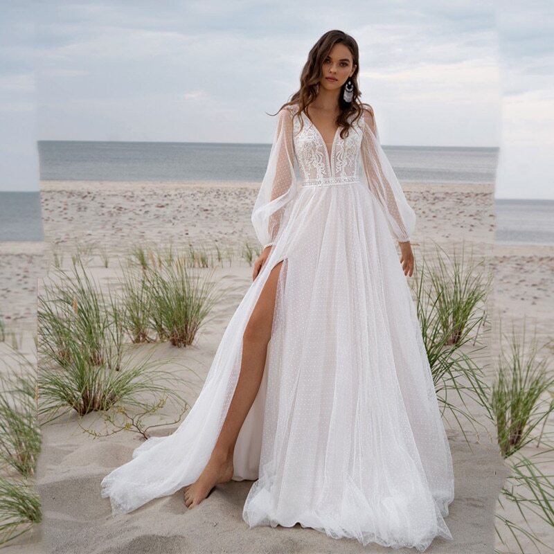 blue dress for baby girl Boho Shimmery Lace V-Neck Chiffon Chapel Train Wedding Dress main image 0