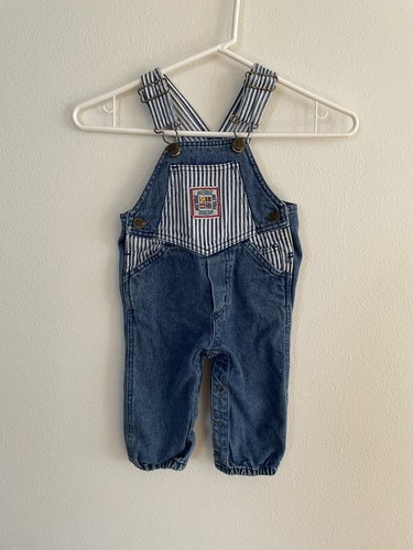 Vintage Okie Dokie Kids Colorblock Denim Overalls Size 12M Conductor Pinstripe