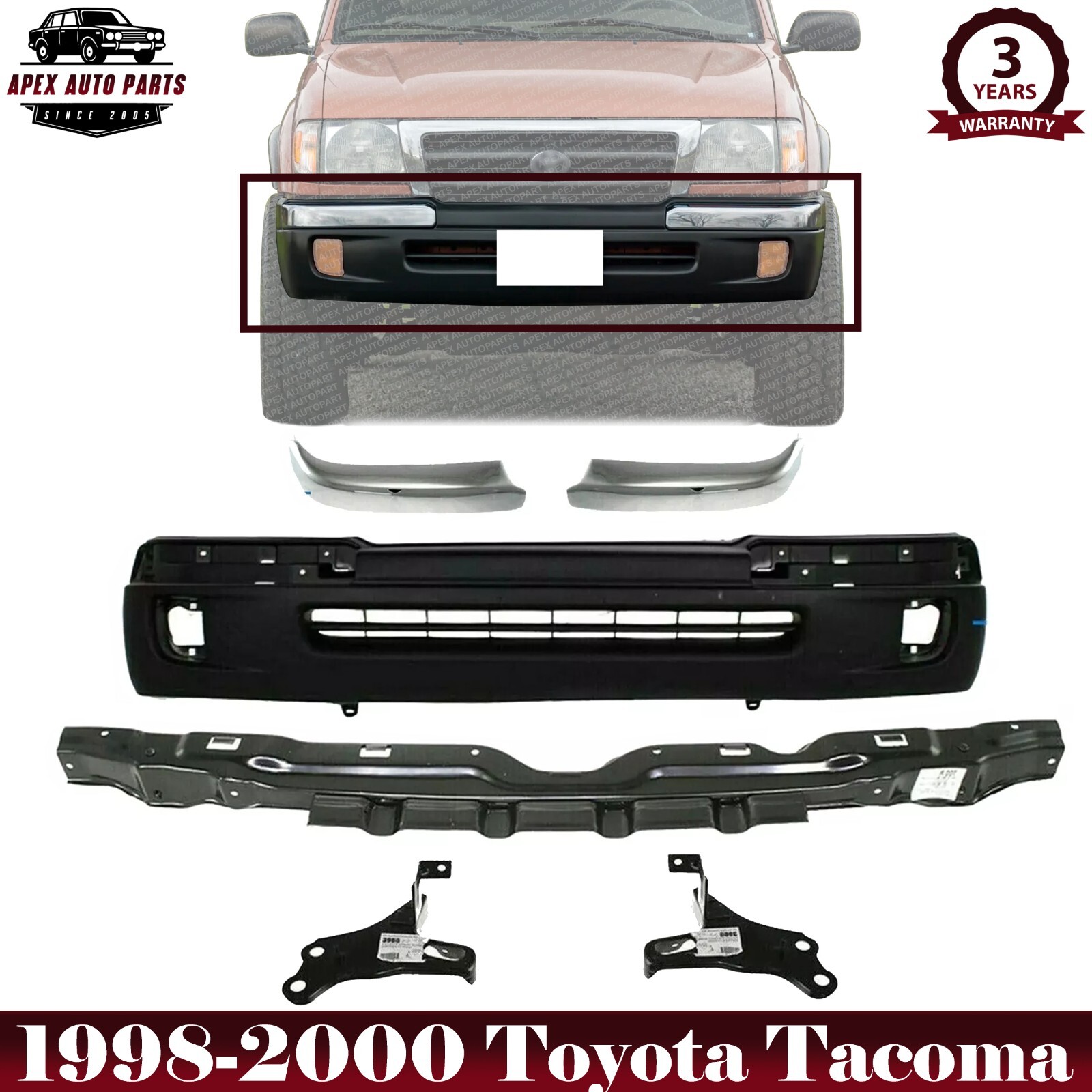 Front Bumper Primed + Trim End Bracket Kit For 1998-2000 Toyota Tacoma 6 Pcs