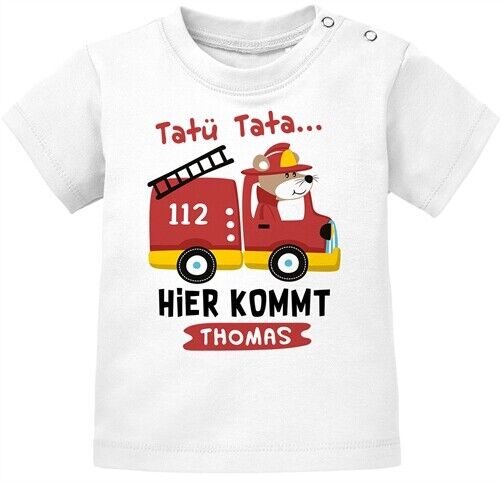 Baby T-Shirt mit Namen personalisiert Feuerwehr-Auto Spruch Tatütata Hier kommt