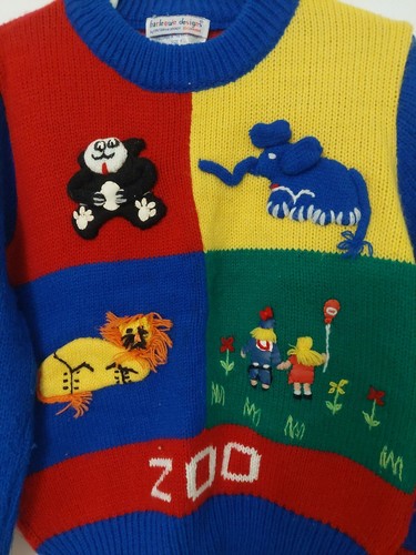 Vintage Harlequin Designs Zoo Sweater Cynthia McKinney Kids 5 5T Blue Red Lion - Picture 2 of 5