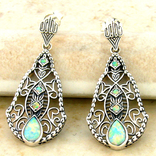 DECO ANTIQUE STYLE 925 STERLING SILVER LAB-CREATED OPAL FILIGREE EARRINGS 218X