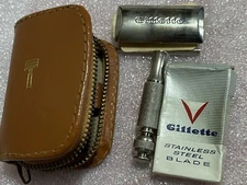 vtg Gillette Safety Razor Travel Kit Leather Case Western Germany No Blades