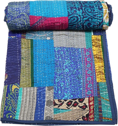 Handmade Vintage Silk Patchwork Kantha Quilt Indian Sari Silk Patola Throw - Picture 52 of 62
