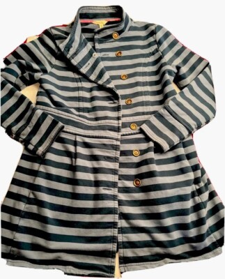 Matilda BLUE Striped Pea Coat Long JACKET Women s M, Band Collar Copper Buttons