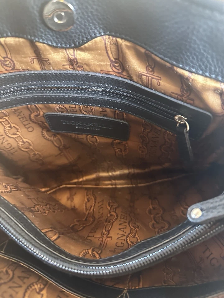 Bolso de hombro Tignanello de cuero negro con doble asa con estampado de leopardo Foto 2 de 4