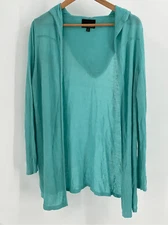 Cynthia Rowley Cardigan Sweater Women's Small Linen Blend Turquoise Green Hood