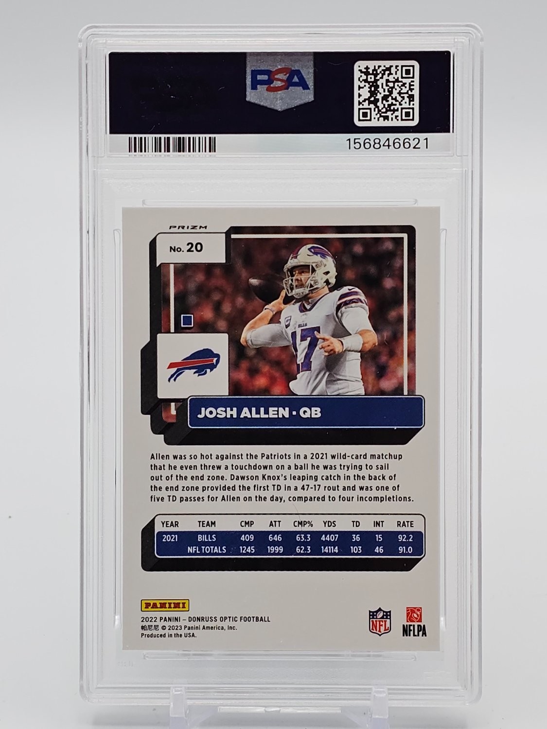 JOSH ALLEN 2022 DONRUSS OPTIC FOOTBALL HOLO PRIZM #20 BILLS PSA 10 GEM MT Q0856 view 2