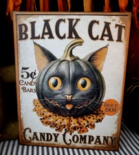 RETRO FOLK PRIMITIVE VINTAGE STYLE HALLOWEEN BLACK CAT 5 CENT CANDY BARS SIGN