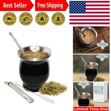 Yerba Mate Tea Cup Set - Includes 2 Bombillas & Cleaning Brush - Black Design