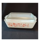 PYREX Fruit and Leaf Pattern White Milk Glass Casserole W/Lid, Vintage 1 1/2 QT