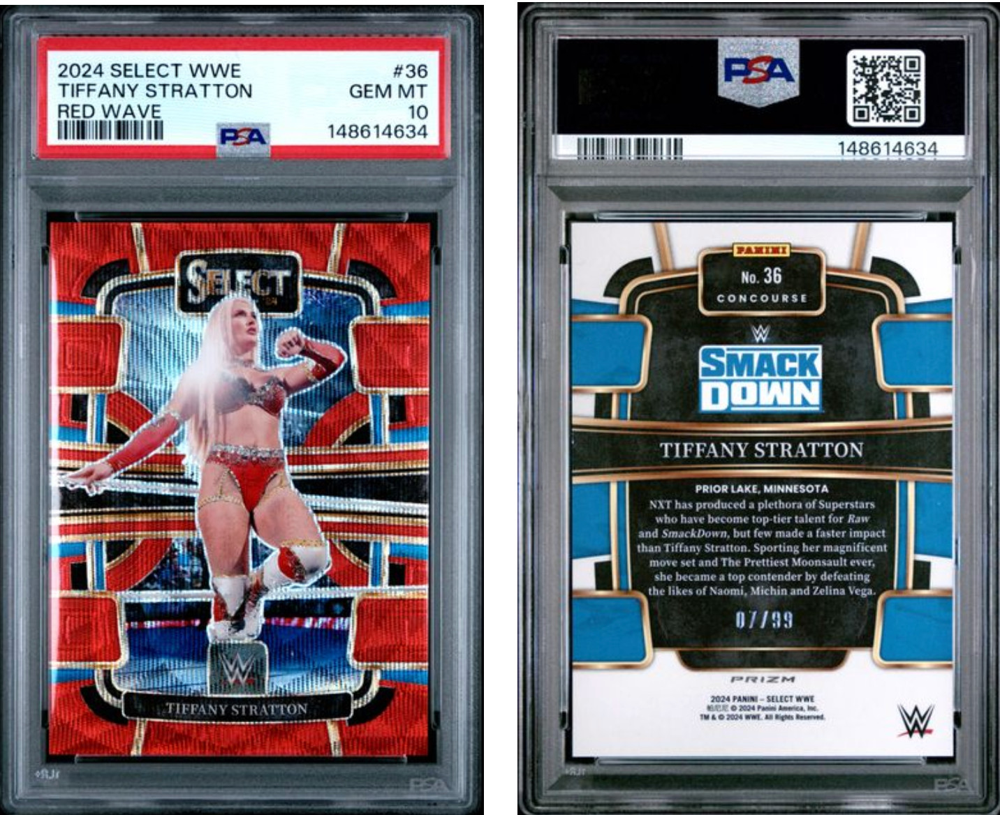 Tiffany Stratton 2024 Panini Select WWE #36 Red Wave 7/99 PSA 10 Gem Mint view 3