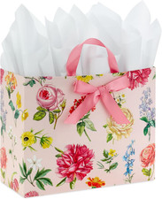 10" Large Mother'S Day Gift Bag with Tissue Paper Vintage Floral with Pink Bow 
