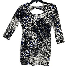Forever 21 Womens Dress Size M Blue Black Leopard Print Mini 3/4 Sleeve Y2K Club