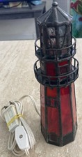 Vtg Tiffany Inspired Stained Glass Table Lighthouse Red Nautical Sailor Lamp 8  