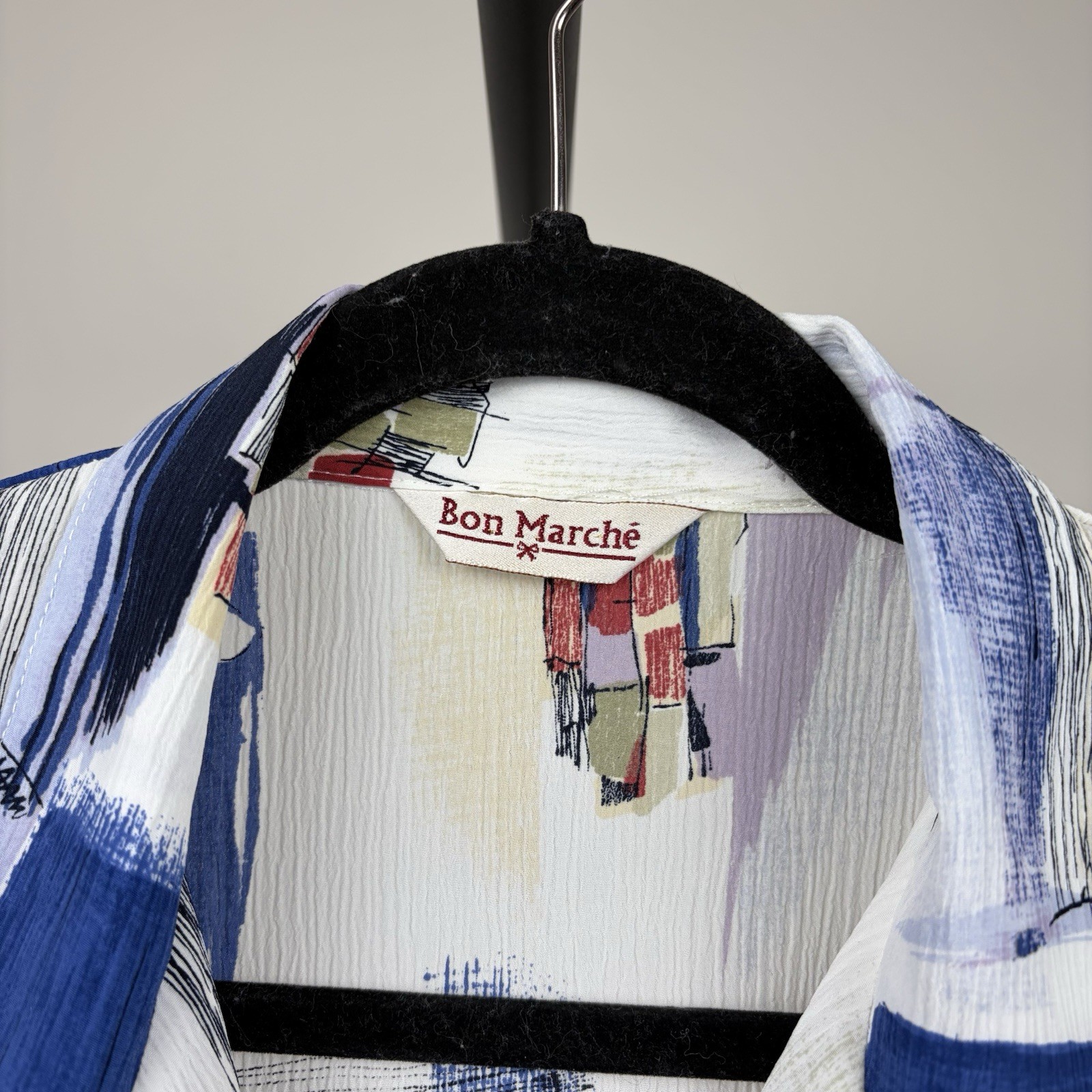 Bon Marché Vintage 90’s Vibrant Abstract Print Blue White Button Up Blouse UK 16 image 2