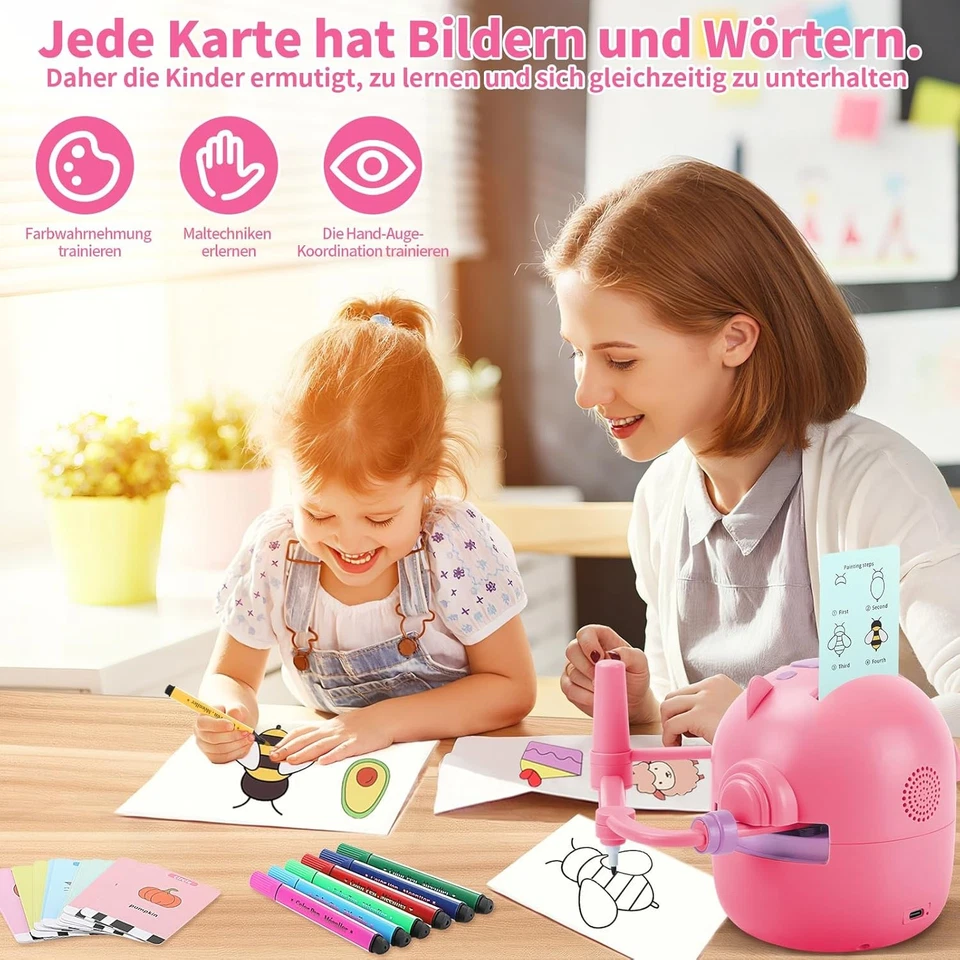 Malroboter Kinder mit Stift & 100 Karten Zeichenroboter Lernspielzeug Rosa ab 3J - Bild 4 von 4