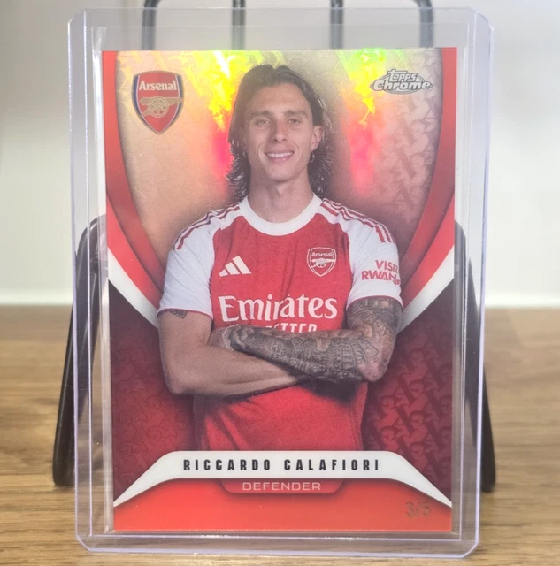 Topps Chrome Arsenal 2025/26 Riccardo Calafiori Arsenal Red Colour Match #'d 3/5