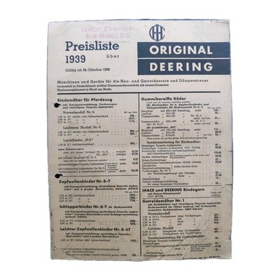 Alter Prospekt Preisliste 1939 über Original Deering