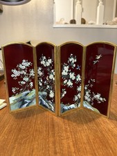 Japanese Meiji Cloisonne Inaba 7.25”Tall 4-panel Screen Red w/ Nature Scene