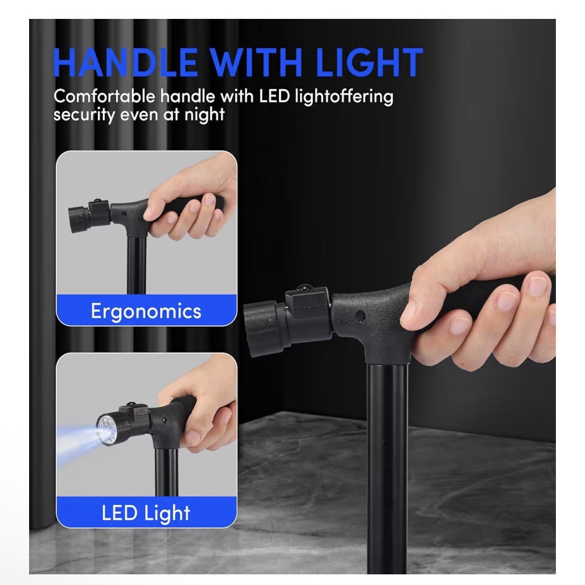 Cane with Seat Foldable Lightweight Walking Stick with LED Light Adjustable