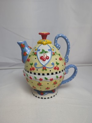 Mary Engelbreit Tea For One Set Cherries Teapot & Cup Yellow Blue Red 2002