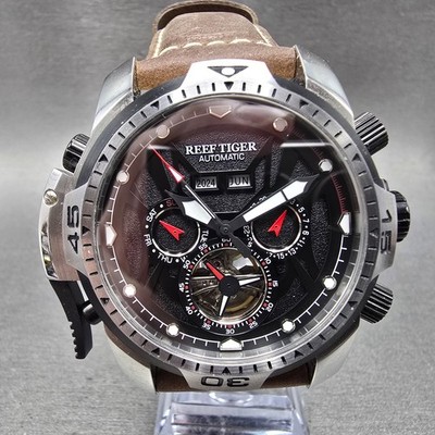Reef Tiger Aurora automatic Watch Men 51mm Black Dial Steel Daydate Month Runs