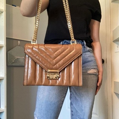 Michael Kors Whitney Medium Quilted Convertible Shoulder Bag in Camel Brown