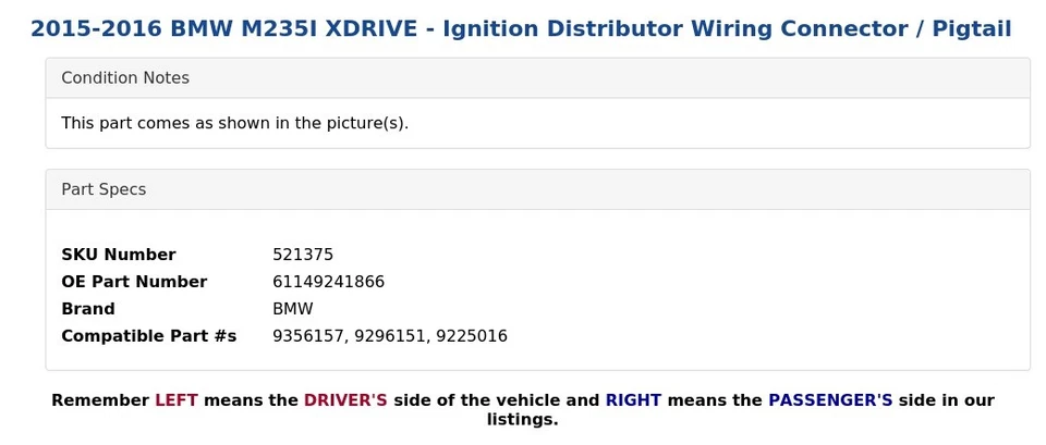 2015-2016 BMW M235I XDRIVE - Ignition Distributor Wiring Connector / Pigtail - Image 3 of 4