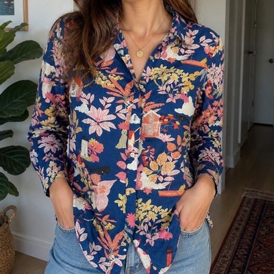 J. McLaughlin XS Button Down Shirt Floral Print Coastal House Nautical o2