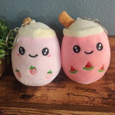 Boba Tea Plush Keychain Set Of 2 NWOT Cute Kawaii Watermelon Strawberry Drink